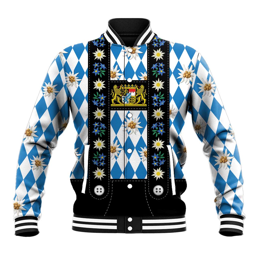 Bavaria Traditional Lederhosen Costume Baseball Jacket Bavaria Emblem - Blue Plaid Pattern with Edelweiss Flowers