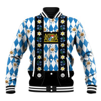 Bavaria Traditional Lederhosen Costume Baseball Jacket Bavaria Emblem - Blue Plaid Pattern with Edelweiss Flowers