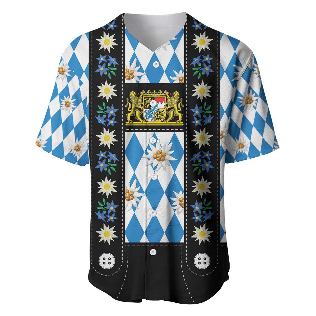 Bavaria Traditional Lederhosen Costume Baseball Jersey Bavaria Emblem - Blue Plaid Pattern with Edelweiss Flowers