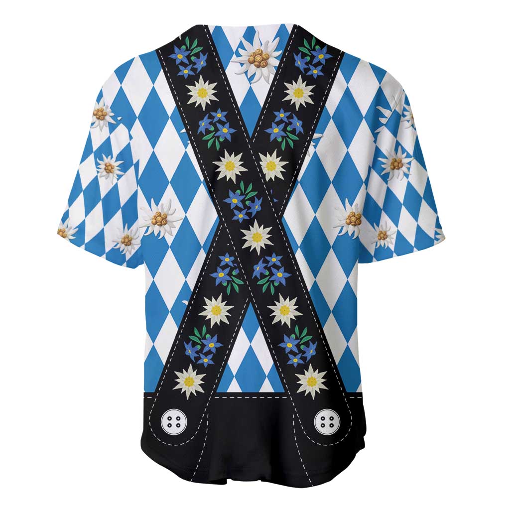 Bavaria Traditional Lederhosen Costume Baseball Jersey Bavaria Emblem - Blue Plaid Pattern with Edelweiss Flowers
