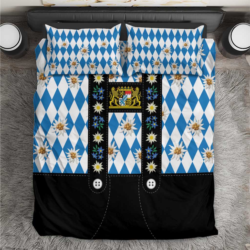Bavaria Traditional Lederhosen Costume Bedding Set Bavaria Emblem - Blue Plaid Pattern with Edelweiss Flowers