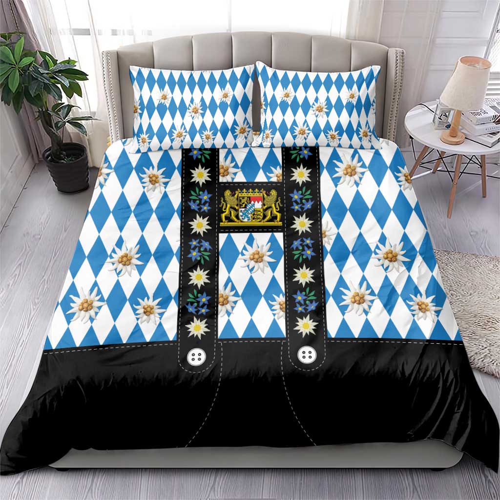 Bavaria Traditional Lederhosen Costume Bedding Set Bavaria Emblem - Blue Plaid Pattern with Edelweiss Flowers