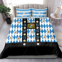 Bavaria Traditional Lederhosen Costume Bedding Set Bavaria Emblem - Blue Plaid Pattern with Edelweiss Flowers