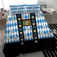 Bavaria Traditional Lederhosen Costume Bedding Set Bavaria Emblem - Blue Plaid Pattern with Edelweiss Flowers