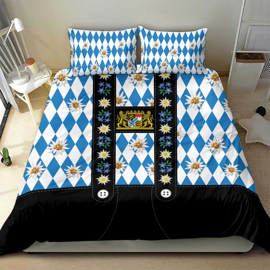 Bavaria Traditional Lederhosen Costume Bedding Set Bavaria Emblem - Blue Plaid Pattern with Edelweiss Flowers