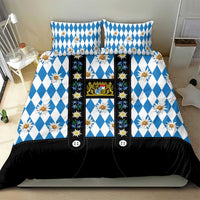 Bavaria Traditional Lederhosen Costume Bedding Set Bavaria Emblem - Blue Plaid Pattern with Edelweiss Flowers