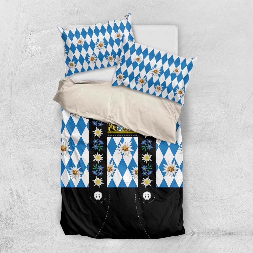 Bavaria Traditional Lederhosen Costume Bedding Set Bavaria Emblem - Blue Plaid Pattern with Edelweiss Flowers