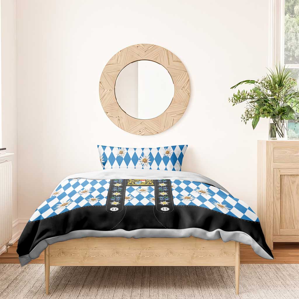 Bavaria Traditional Lederhosen Costume Bedding Set Bavaria Emblem - Blue Plaid Pattern with Edelweiss Flowers