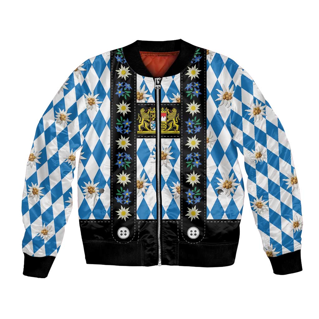 Bavaria Traditional Lederhosen Costume Bomber Jacket Bavaria Emblem - Blue Plaid Pattern with Edelweiss Flowers