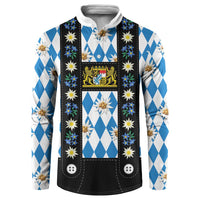 Bavaria Traditional Lederhosen Costume Button Sweatshirt Bavaria Emblem - Blue Plaid Pattern with Edelweiss Flowers