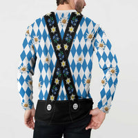 Bavaria Traditional Lederhosen Costume Button Sweatshirt Bavaria Emblem - Blue Plaid Pattern with Edelweiss Flowers