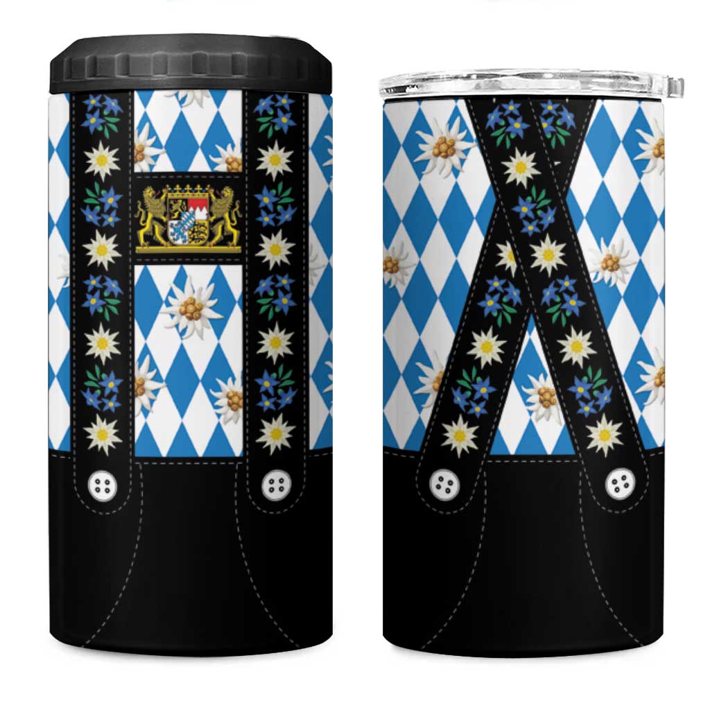 Traditional Bavarian Costume - Lederhosen 4 in 1 Can Cooler Tumbler Bavaria Emblem - Blue Plaid Pattern with Edelweiss Flowers