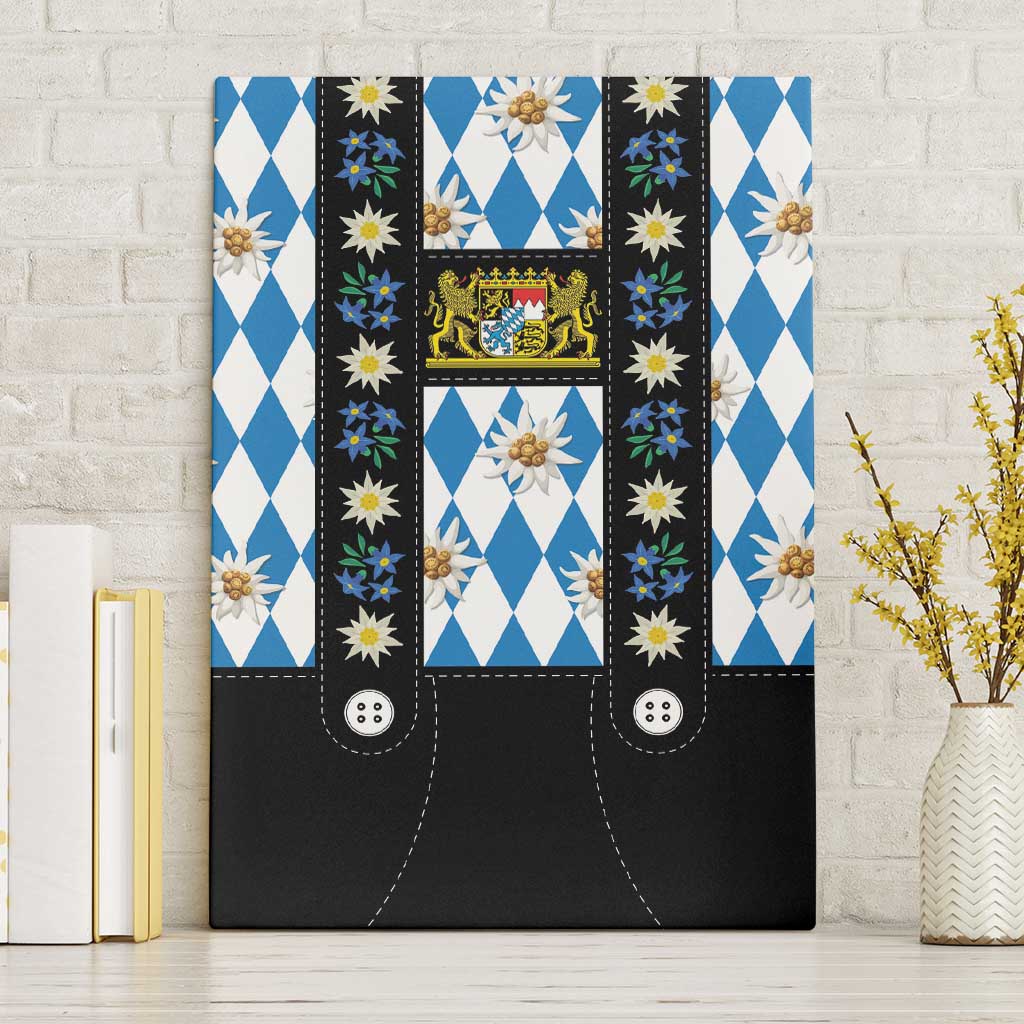 Bavaria Traditional Lederhosen Costume Canvas Wall Art Bavaria Emblem - Blue Plaid Pattern with Edelweiss Flowers