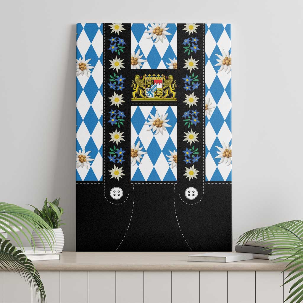 Bavaria Traditional Lederhosen Costume Canvas Wall Art Bavaria Emblem - Blue Plaid Pattern with Edelweiss Flowers