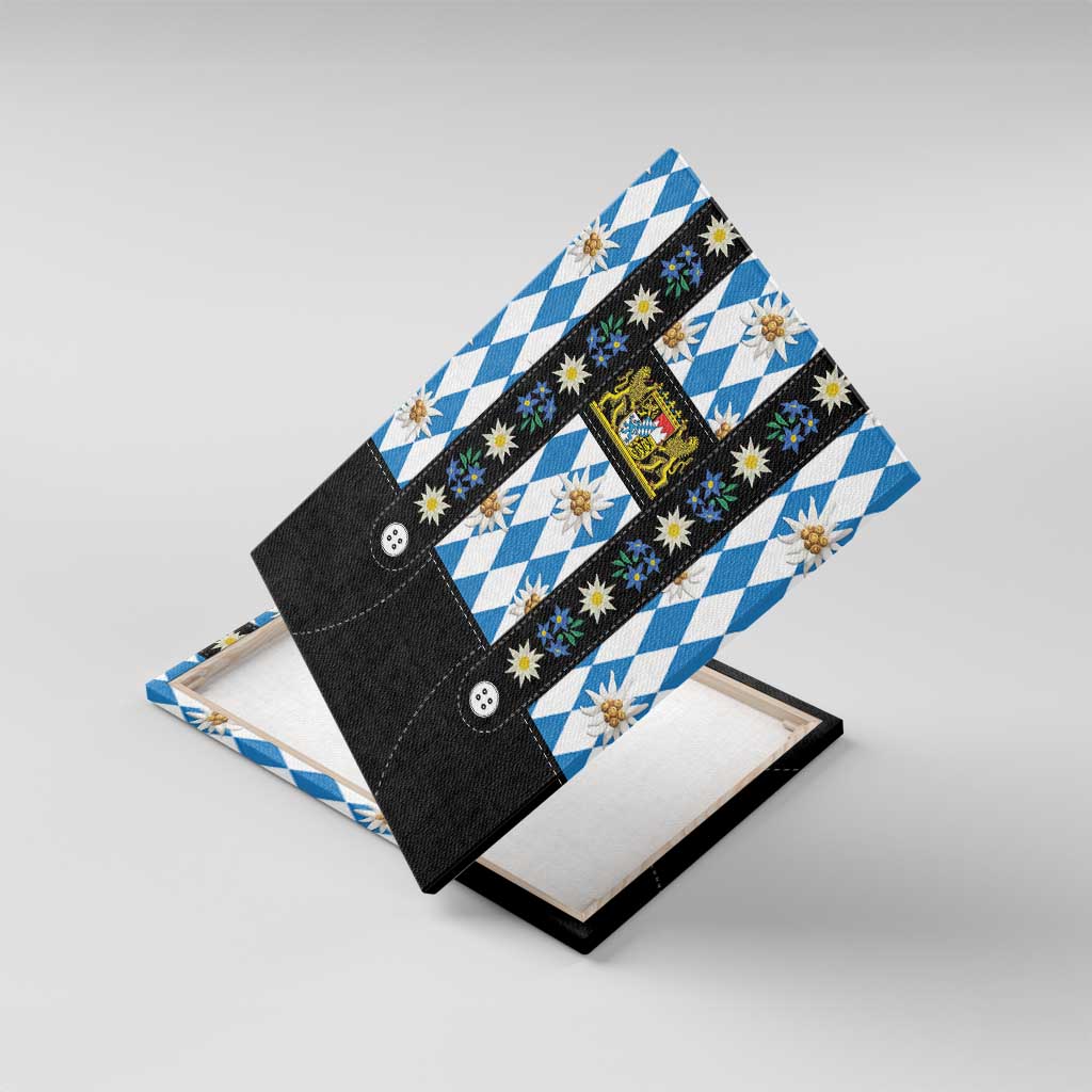 Bavaria Traditional Lederhosen Costume Canvas Wall Art Bavaria Emblem - Blue Plaid Pattern with Edelweiss Flowers