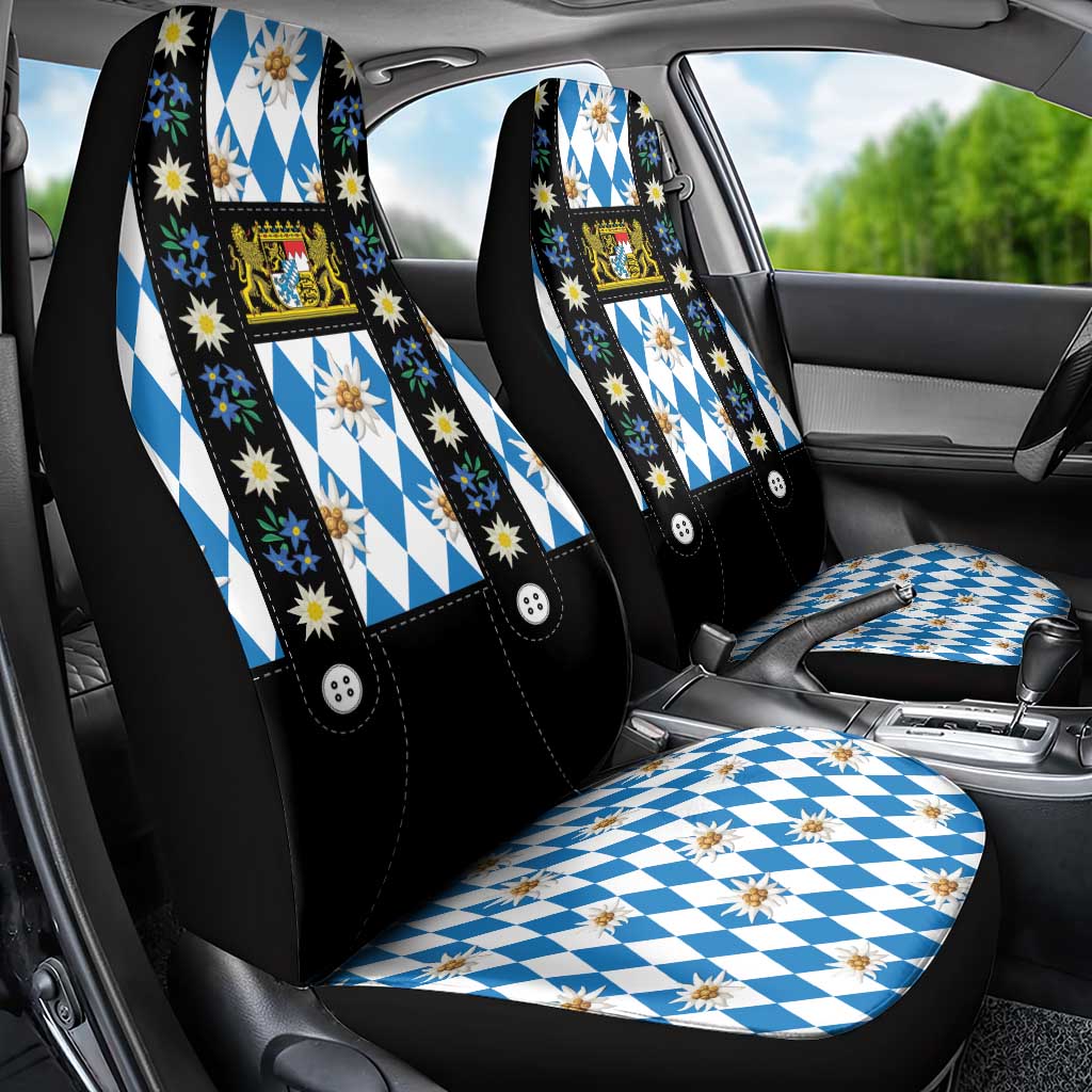 Bavaria Traditional Lederhosen Costume Car Seat Cover Bavaria Emblem - Blue Plaid Pattern with Edelweiss Flowers