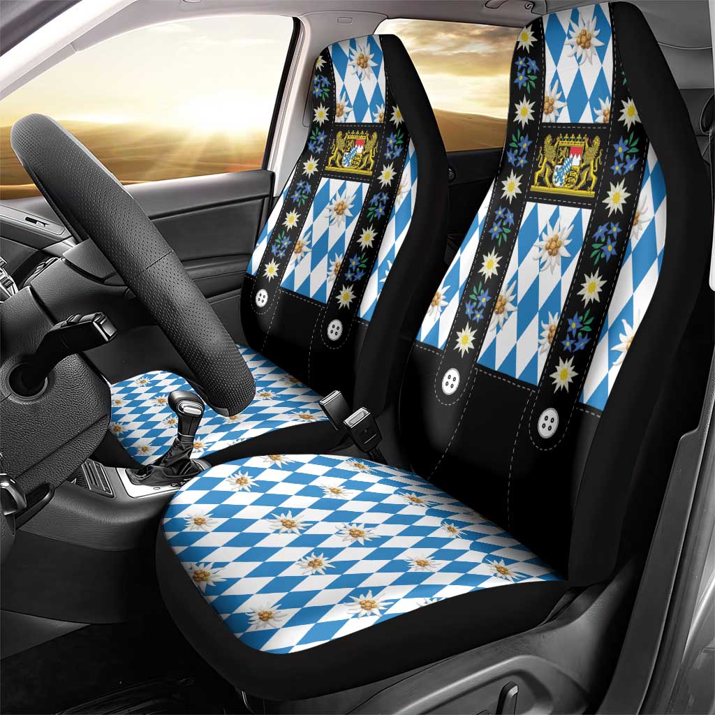 Bavaria Traditional Lederhosen Costume Car Seat Cover Bavaria Emblem - Blue Plaid Pattern with Edelweiss Flowers