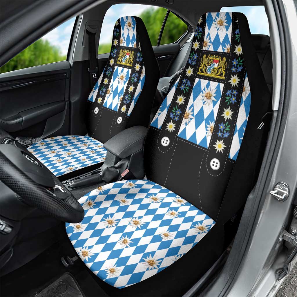 Bavaria Traditional Lederhosen Costume Car Seat Cover Bavaria Emblem - Blue Plaid Pattern with Edelweiss Flowers