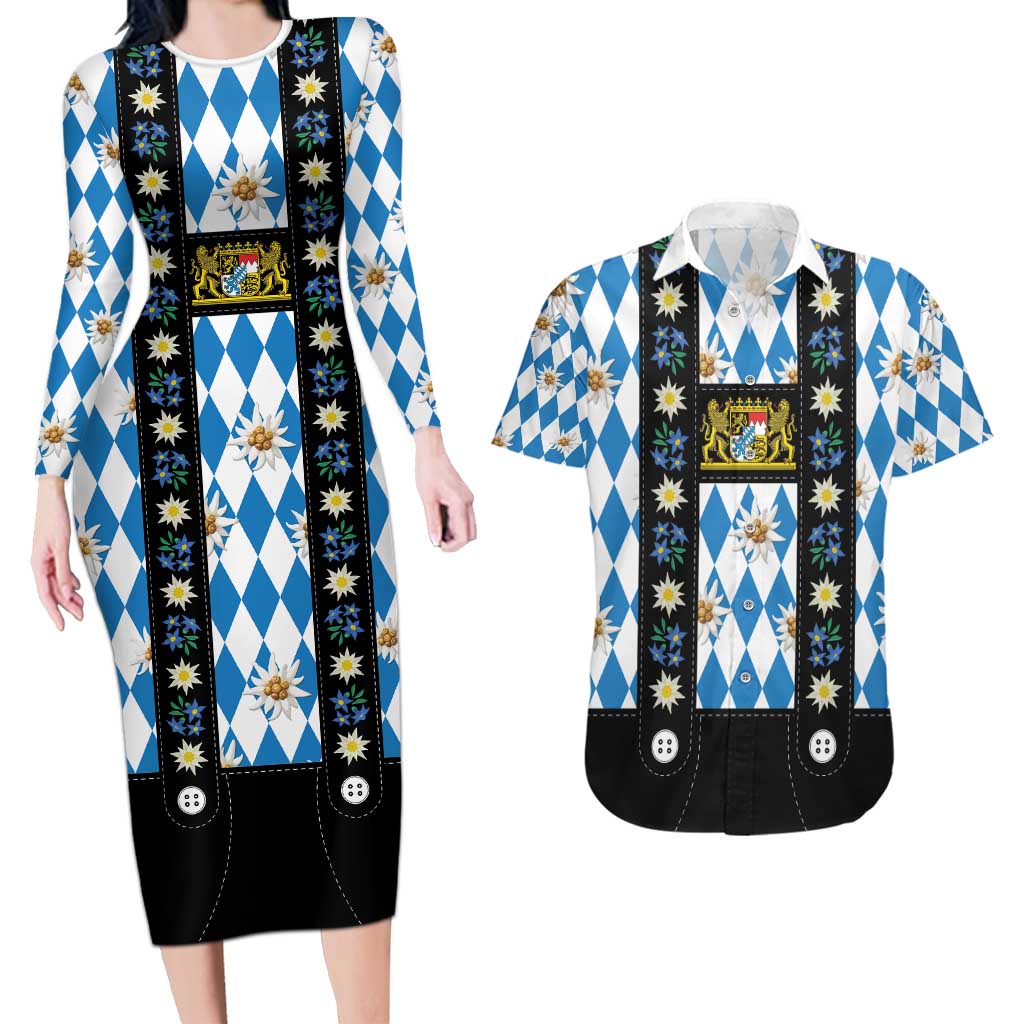 Bavaria Traditional Lederhosen Costume Couples Matching Long Sleeve Bodycon Dress and Hawaiian Shirt Bavaria Emblem - Blue Plaid Pattern with Edelweiss Flowers