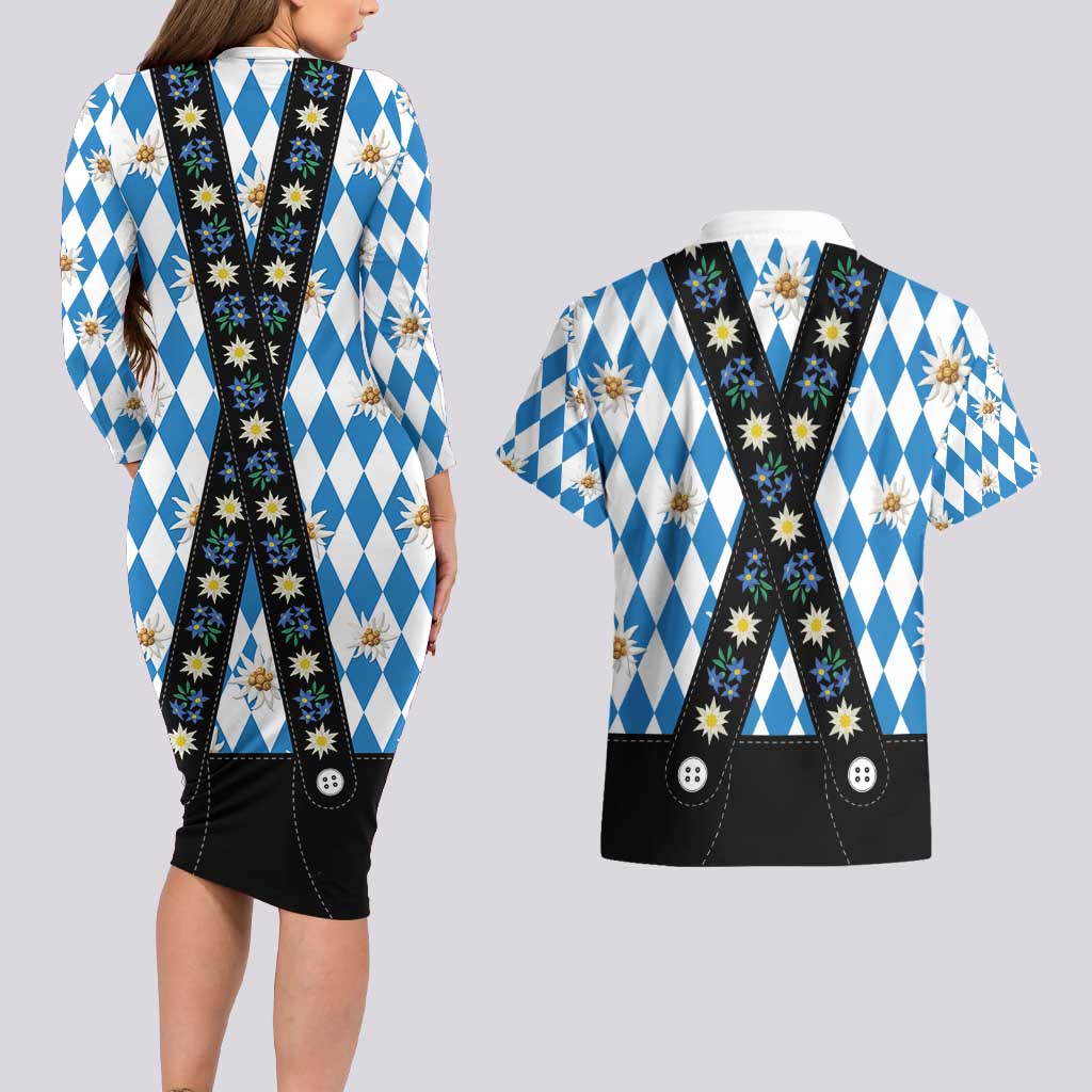 Bavaria Traditional Lederhosen Costume Couples Matching Long Sleeve Bodycon Dress and Hawaiian Shirt Bavaria Emblem - Blue Plaid Pattern with Edelweiss Flowers