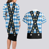Bavaria Traditional Lederhosen Costume Couples Matching Long Sleeve Bodycon Dress and Hawaiian Shirt Bavaria Emblem - Blue Plaid Pattern with Edelweiss Flowers