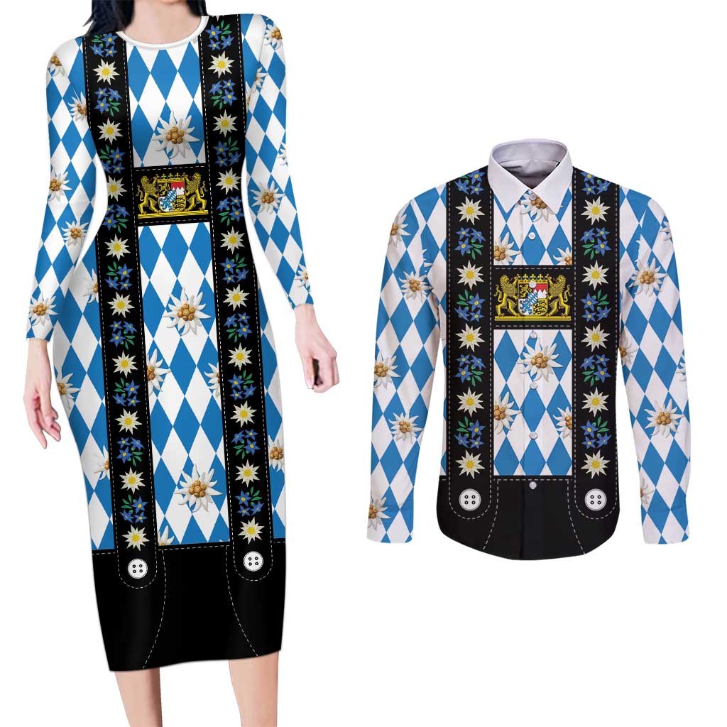 Bavaria Traditional Lederhosen Costume Couples Matching Long Sleeve Bodycon Dress and Long Sleeve Button Shirt Bavaria Emblem - Blue Plaid Pattern with Edelweiss Flowers