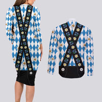 Bavaria Traditional Lederhosen Costume Couples Matching Long Sleeve Bodycon Dress and Long Sleeve Button Shirt Bavaria Emblem - Blue Plaid Pattern with Edelweiss Flowers