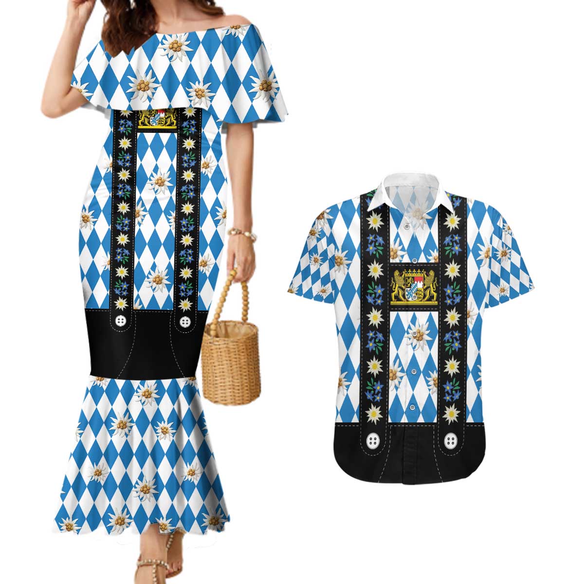 Bavaria Traditional Lederhosen Costume Couples Matching Mermaid Dress and Hawaiian Shirt Bavaria Emblem - Blue Plaid Pattern with Edelweiss Flowers