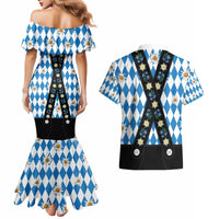 Bavaria Traditional Lederhosen Costume Couples Matching Mermaid Dress and Hawaiian Shirt Bavaria Emblem - Blue Plaid Pattern with Edelweiss Flowers