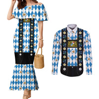 Bavaria Traditional Lederhosen Costume Couples Matching Mermaid Dress and Long Sleeve Button Shirt Bavaria Emblem - Blue Plaid Pattern with Edelweiss Flowers