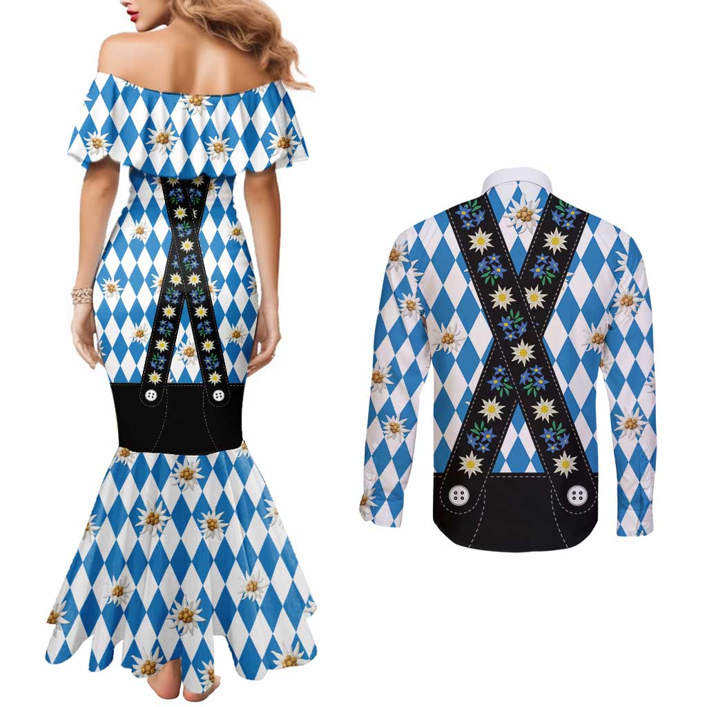 Bavaria Traditional Lederhosen Costume Couples Matching Mermaid Dress and Long Sleeve Button Shirt Bavaria Emblem - Blue Plaid Pattern with Edelweiss Flowers