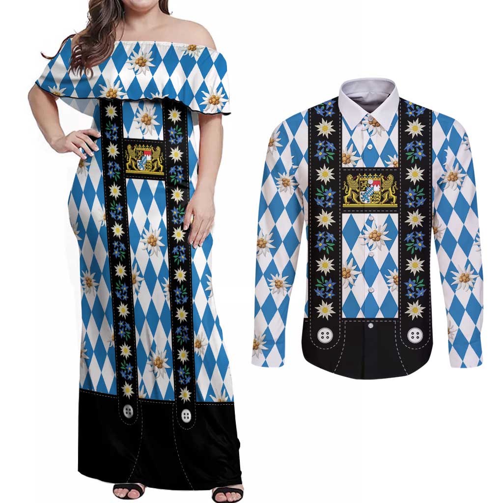 Bavaria Traditional Lederhosen Costume Couples Matching Off Shoulder Maxi Dress and Long Sleeve Button Shirt Bavaria Emblem - Blue Plaid Pattern with Edelweiss Flowers