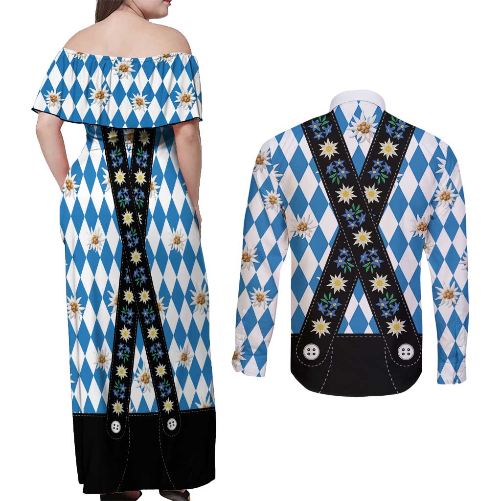 Bavaria Traditional Lederhosen Costume Couples Matching Off Shoulder Maxi Dress and Long Sleeve Button Shirt Bavaria Emblem - Blue Plaid Pattern with Edelweiss Flowers
