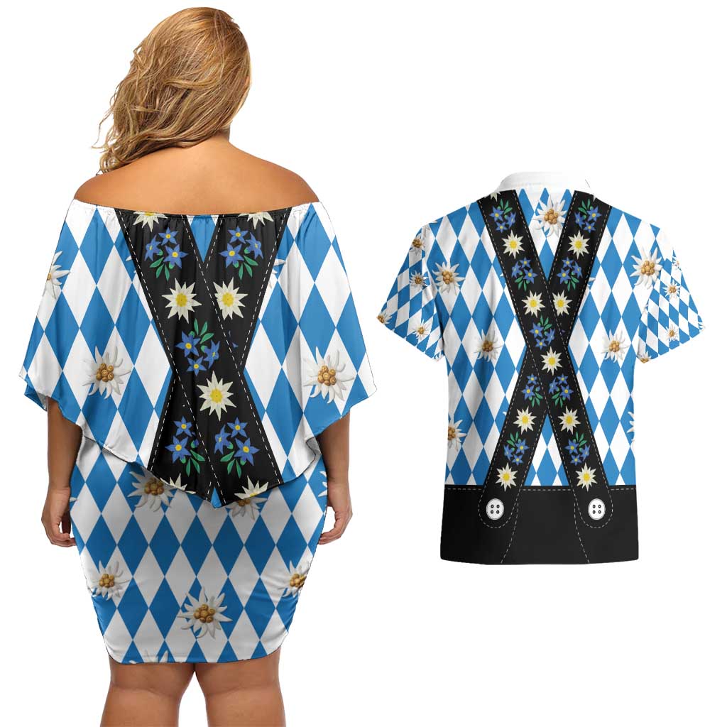 Bavaria Traditional Lederhosen Costume Couples Matching Off Shoulder Short Dress and Hawaiian Shirt Bavaria Emblem - Blue Plaid Pattern with Edelweiss Flowers