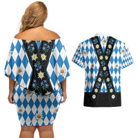 Bavaria Traditional Lederhosen Costume Couples Matching Off Shoulder Short Dress and Hawaiian Shirt Bavaria Emblem - Blue Plaid Pattern with Edelweiss Flowers