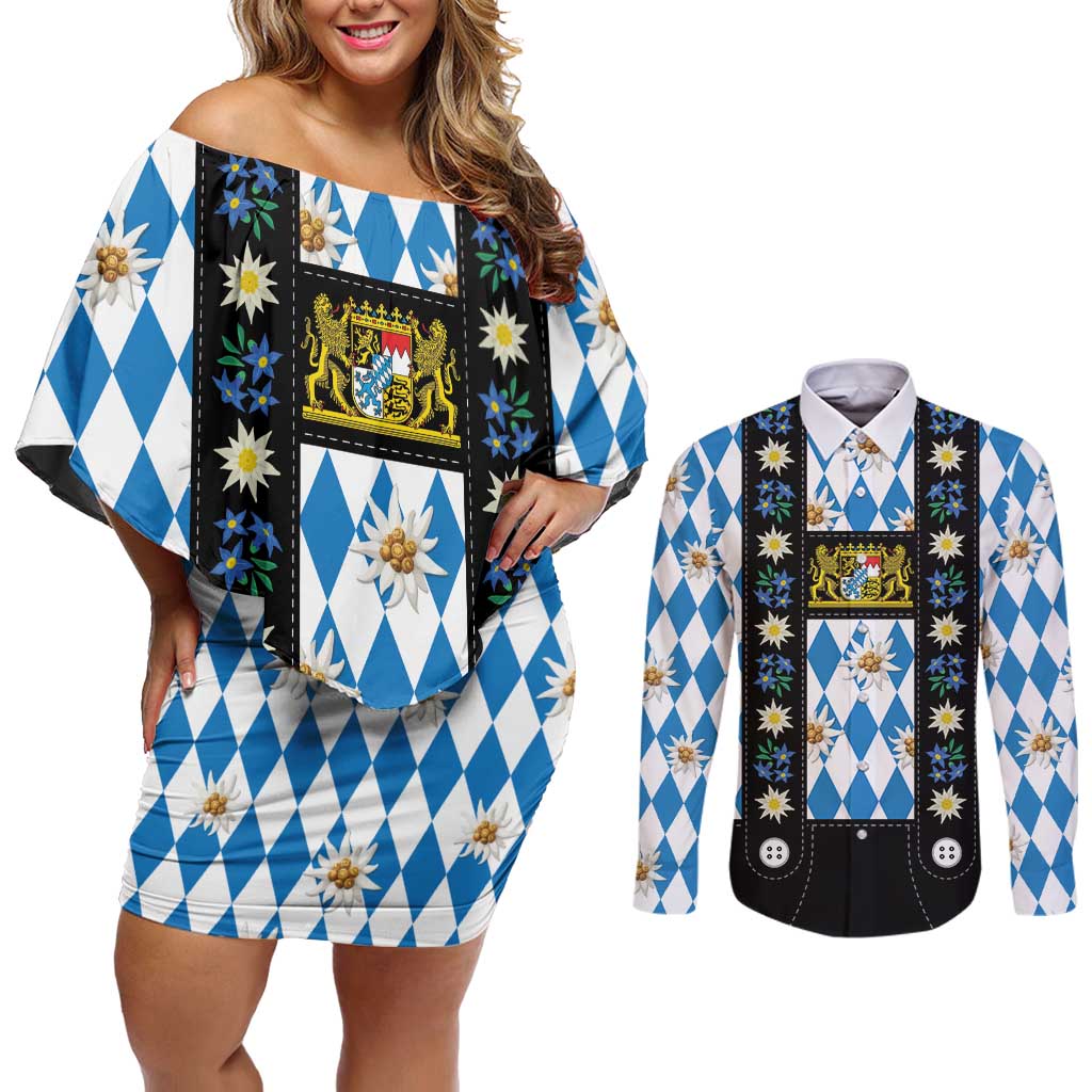 Bavaria Traditional Lederhosen Costume Couples Matching Off Shoulder Short Dress and Long Sleeve Button Shirt Bavaria Emblem - Blue Plaid Pattern with Edelweiss Flowers