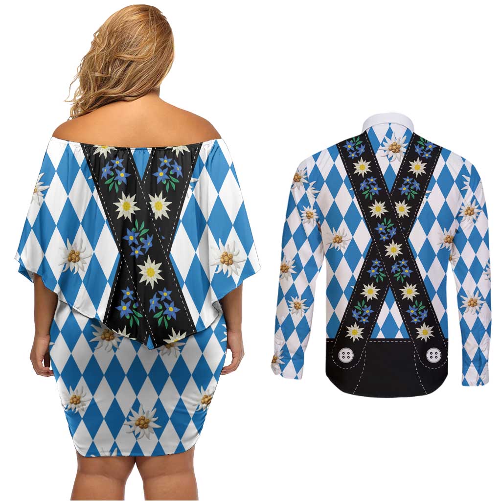 Bavaria Traditional Lederhosen Costume Couples Matching Off Shoulder Short Dress and Long Sleeve Button Shirt Bavaria Emblem - Blue Plaid Pattern with Edelweiss Flowers