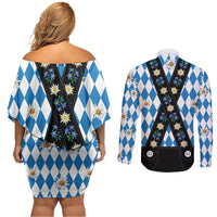 Bavaria Traditional Lederhosen Costume Couples Matching Off Shoulder Short Dress and Long Sleeve Button Shirt Bavaria Emblem - Blue Plaid Pattern with Edelweiss Flowers