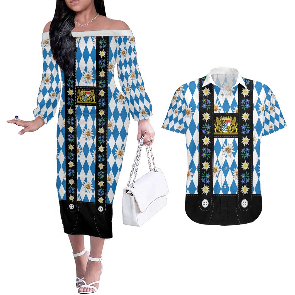 Bavaria Traditional Lederhosen Costume Couples Matching Off The Shoulder Long Sleeve Dress and Hawaiian Shirt Bavaria Emblem - Blue Plaid Pattern with Edelweiss Flowers