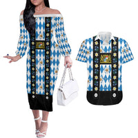 Bavaria Traditional Lederhosen Costume Couples Matching Off The Shoulder Long Sleeve Dress and Hawaiian Shirt Bavaria Emblem - Blue Plaid Pattern with Edelweiss Flowers