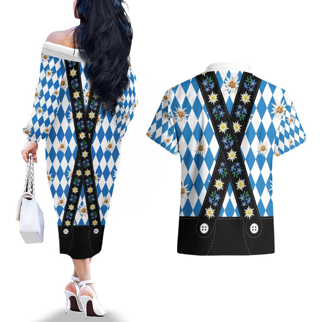 Bavaria Traditional Lederhosen Costume Couples Matching Off The Shoulder Long Sleeve Dress and Hawaiian Shirt Bavaria Emblem - Blue Plaid Pattern with Edelweiss Flowers