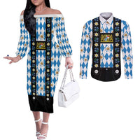 Bavaria Traditional Lederhosen Costume Couples Matching Off The Shoulder Long Sleeve Dress and Long Sleeve Button Shirt Bavaria Emblem - Blue Plaid Pattern with Edelweiss Flowers