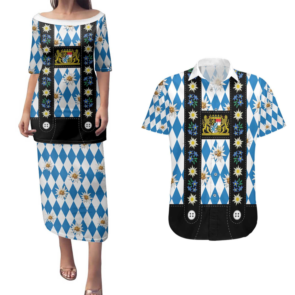 Bavaria Traditional Lederhosen Costume Couples Matching Puletasi and Hawaiian Shirt Bavaria Emblem - Blue Plaid Pattern with Edelweiss Flowers