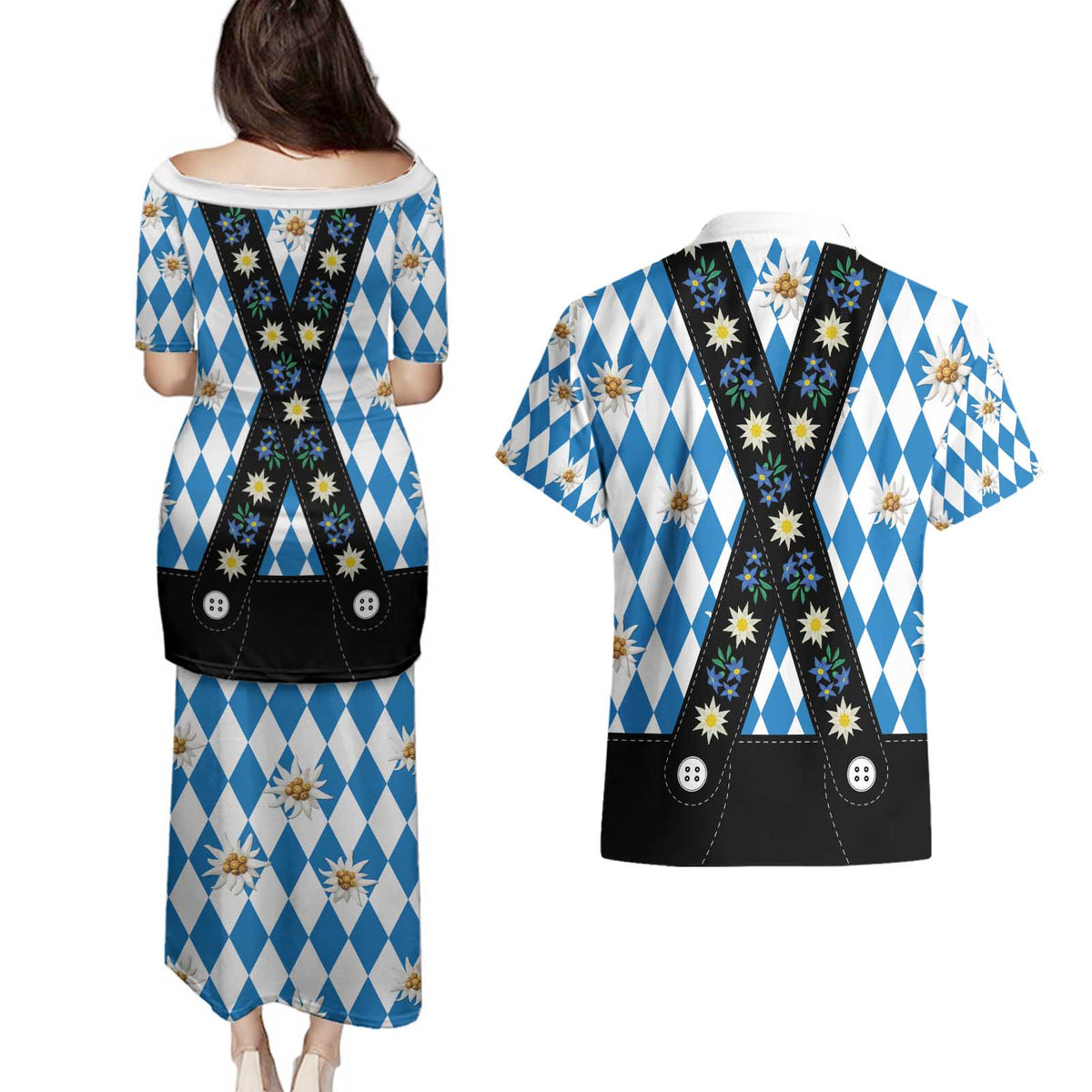 Bavaria Traditional Lederhosen Costume Couples Matching Puletasi and Hawaiian Shirt Bavaria Emblem - Blue Plaid Pattern with Edelweiss Flowers