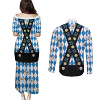 Bavaria Traditional Lederhosen Costume Couples Matching Puletasi and Long Sleeve Button Shirt Bavaria Emblem - Blue Plaid Pattern with Edelweiss Flowers