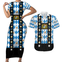 Bavaria Traditional Lederhosen Costume Couples Matching Short Sleeve Bodycon Dress and Hawaiian Shirt Bavaria Emblem - Blue Plaid Pattern with Edelweiss Flowers