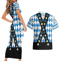 Bavaria Traditional Lederhosen Costume Couples Matching Short Sleeve Bodycon Dress and Hawaiian Shirt Bavaria Emblem - Blue Plaid Pattern with Edelweiss Flowers