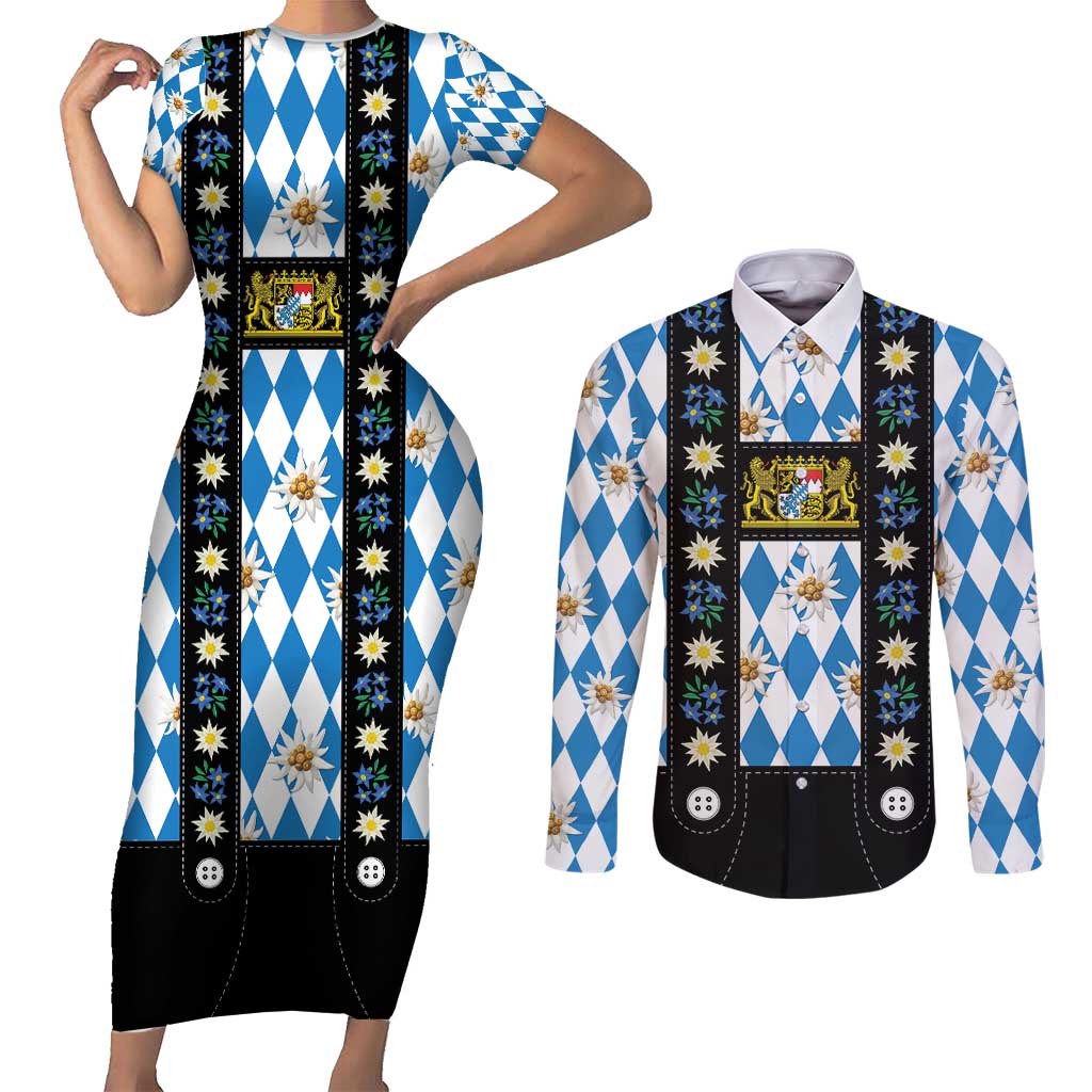 Bavaria Traditional Lederhosen Costume Couples Matching Short Sleeve Bodycon Dress and Long Sleeve Button Shirt Bavaria Emblem - Blue Plaid Pattern with Edelweiss Flowers