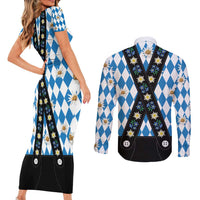 Bavaria Traditional Lederhosen Costume Couples Matching Short Sleeve Bodycon Dress and Long Sleeve Button Shirt Bavaria Emblem - Blue Plaid Pattern with Edelweiss Flowers