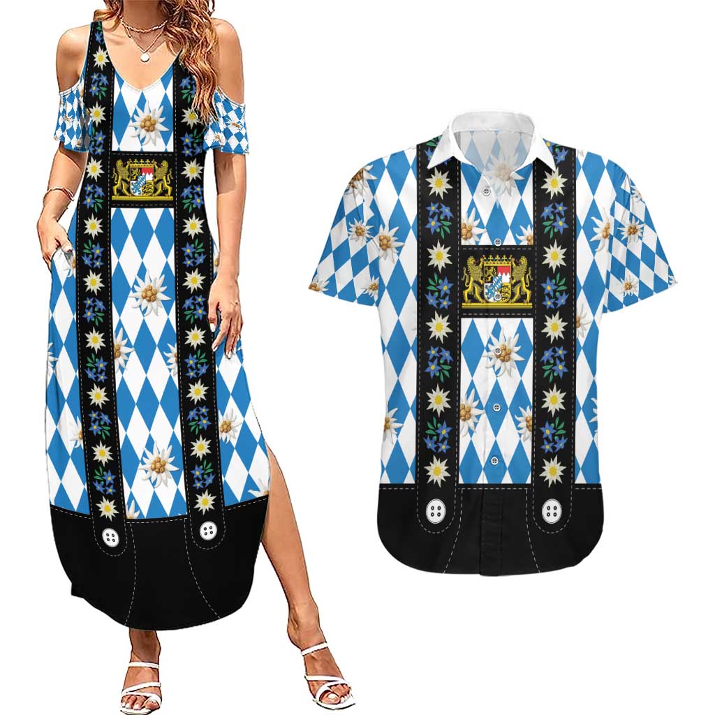 Bavaria Traditional Lederhosen Costume Couples Matching Summer Maxi Dress and Hawaiian Shirt Bavaria Emblem - Blue Plaid Pattern with Edelweiss Flowers